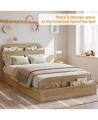 gaomon Bed Frame, Wooden Bed with Storage Headboard and Footboard, Floor-Low Platform Bed with Wooden Slats Design, No Box Spring Needed