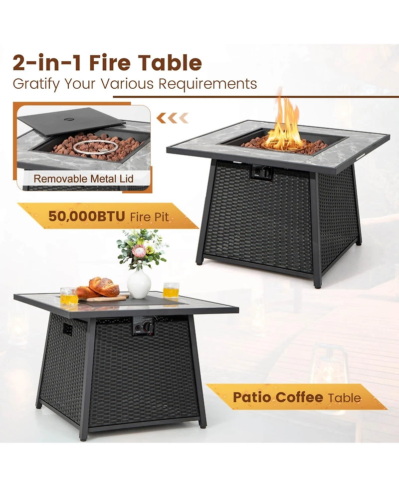 Gymax Set of 7 Patio Furniture w/ 35'' Propane Gas Fire Pit Table & Waterproof Cover