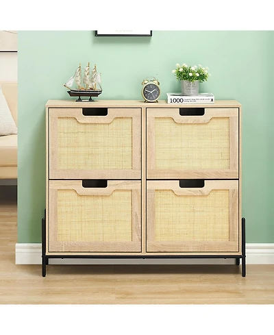 gaomon Freestanding Shoe Cabinet with 4 Flip Rattan Doors Adjustable Shelves Entryway Hallway Narrow Storage Oak