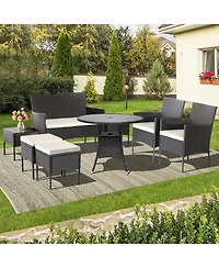 Gymax 7PCS Outdoor Wicker Sofa Set Patio Rattan Sofa Set w/ Coffee Tables & Ottomans