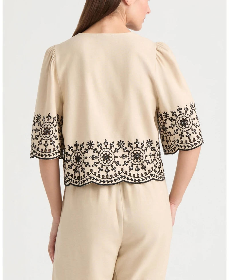 Ellen Tracy Women's 3 Front Tie Embroidered Top