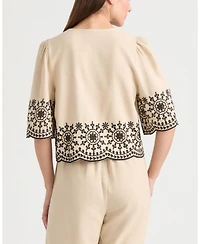 Ellen Tracy Women's 3 Front Tie Embroidered Top