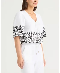 Ellen Tracy Women's 3 Front Tie Embroidered Top