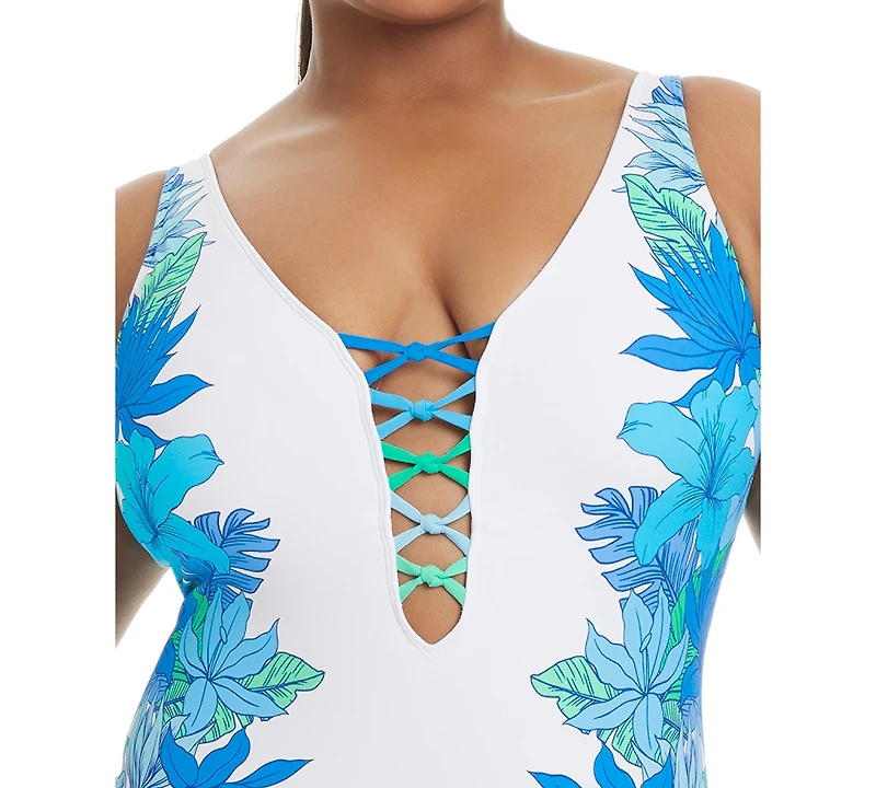 Bleu by Rod Beattie Plus Leys Get Knotty Lace-Down V-Neck One Piece Swimsuit