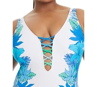 Bleu by Rod Beattie Plus Leys Get Knotty Lace-Down V-Neck One Piece Swimsuit