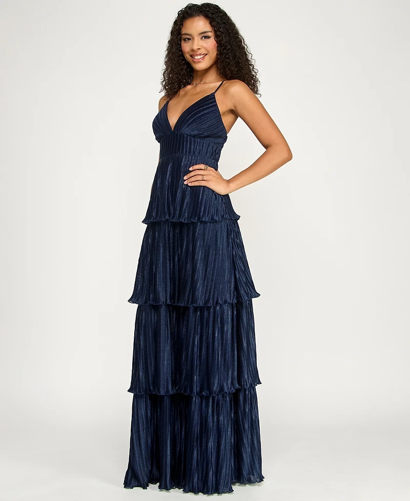 Emerald Sundae Juniors' V-Neck Ruffle-Tiered Sleeveless Gown