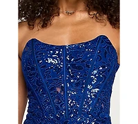 Emerald Sundae Junior's Floral Sequin Lace-Up Corset Gown