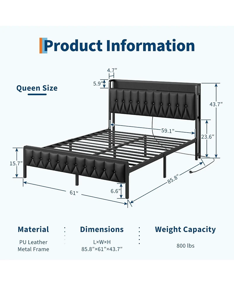 gaomon Platform Bed Frame with Charging Station, Upholstered Storage Button Headboard & Footboard, Pu Leather Button-Tufted Design