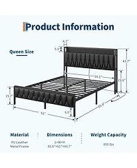 gaomon Platform Bed Frame with Charging Station, Upholstered Storage Button Headboard & Footboard, Pu Leather Button-Tufted Design