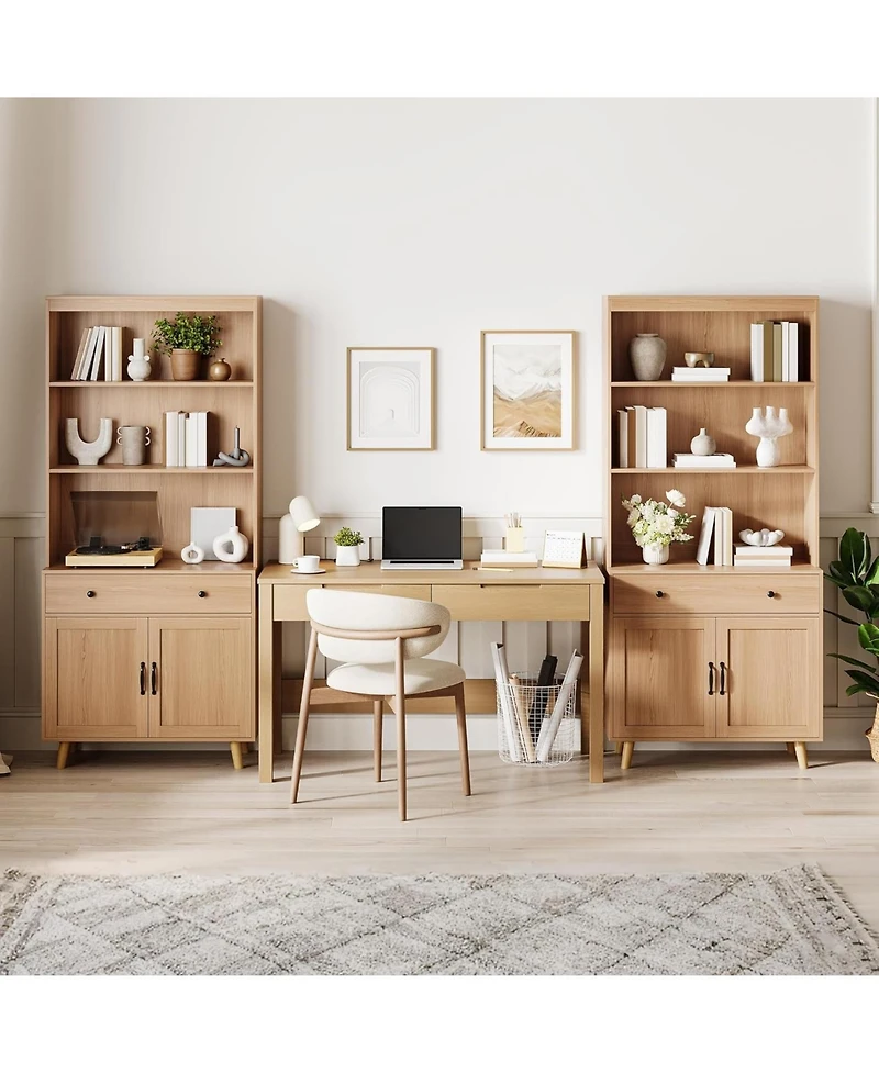 gaomon Tall Bookshelf with Storage Cabinet, Wood Bookcase with 4 Doors and 2 Drawer & Open Shelves, Freestanding Display Bookshelves for Home Office