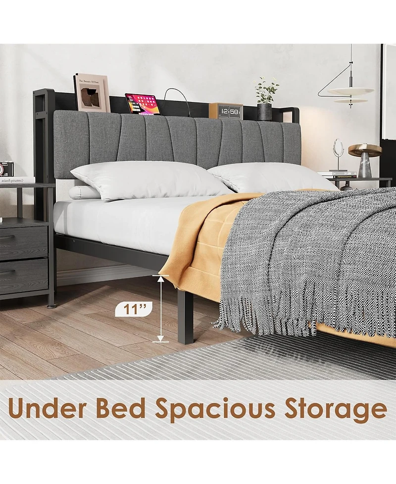 gaomon Bed Frame with Storage Headboard, Industrial Platform Bed with 2 Large Drawers and Charging Station