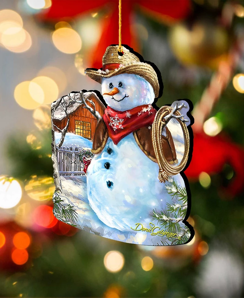 Designocracy 2 Piece Cowboy Snowman Wood Ornaments Set