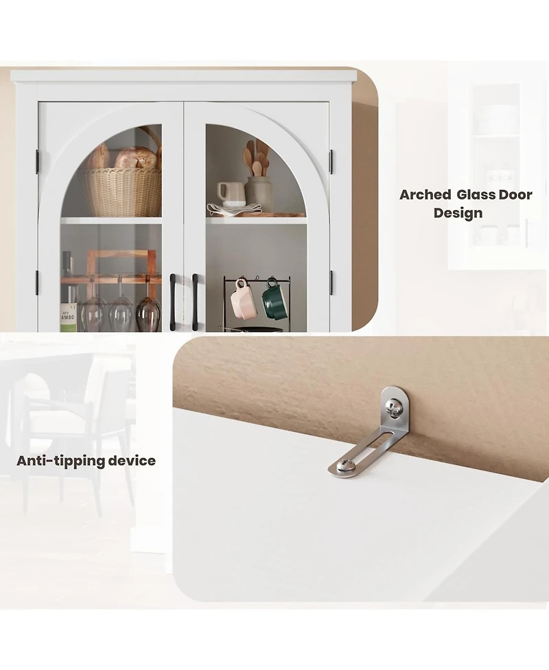 gaomon 70" Tall Kitchen Pantry Cabinet - Modern Display with 4 Arched Glass Doors and Adjustable Shelves, Versatile Cupboard Organizers