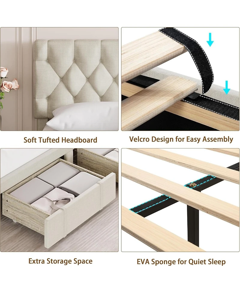Gaomon Queen Upholstered Platform Bed Frame with Storage Drawers Solid Wood Slats No Box Spring Needed