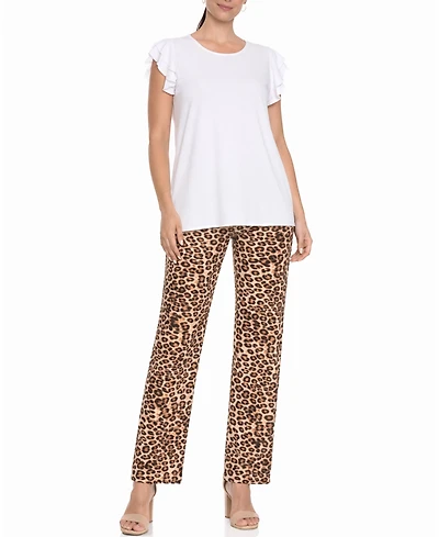 White Mark Women's Ruffle-Sleeve Top and Animal Print Pant Set