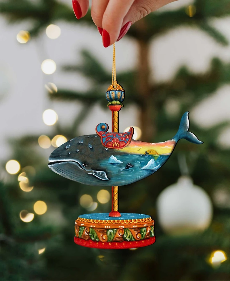 Designocracy Carousel Whale Christmas Wooden Ornament, Set of 2