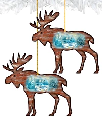 Designocracy Woodsy Moose Scenic Wooden Christmas Ornament Set of 2