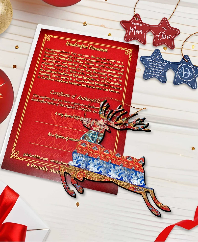 Designocracy Rustic Prancing Deer Wooden Christmas Ornament, Set of 2