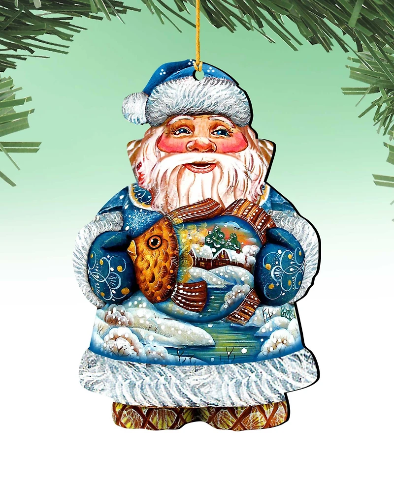 Designocracy Gold Fish Santa Wooden Christmas Ornament Set of 2