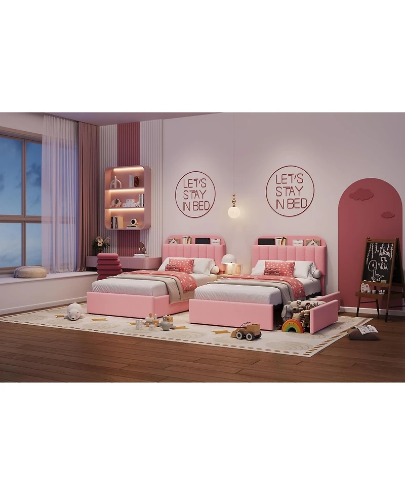 gaomon Twin Bed Frame Storage Headboard 2 Drawers Kids Upholstered Platform Bookcase Wood Slats No Box Spring