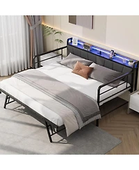 gaomon twin daybed with pop-up trundle, linen upholstery, storage headboard charging ports, Led lights, and durable metal frame