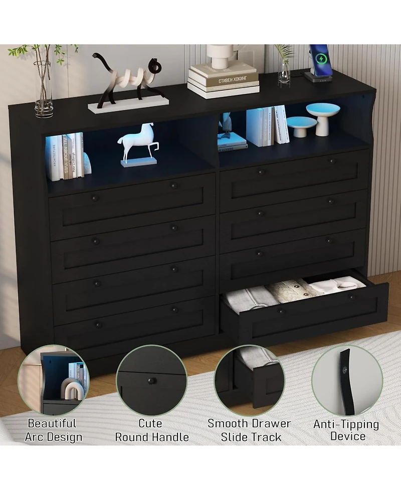 gaomon 8 Drawer Dresser with Charging Station & Led Lights, Large Modern Wood Chest of Drawers with Open Compartments for Bedrooms Living Rooms