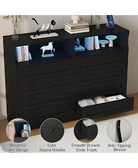 gaomon 8 Drawer Dresser with Charging Station & Led Lights, Large Modern Wood Chest of Drawers with Open Compartments for Bedrooms Living Rooms