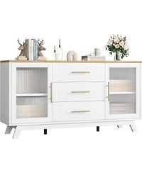 gaomon 56 Inch Modern Sideboard Buffet Cabinet with 3 Drawers Adjustable Shelves and Fluted Glass Doors in Wood Top