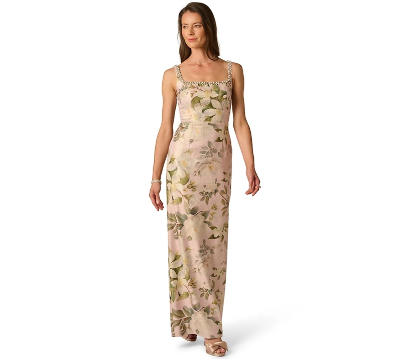 Adrianna Papell Women's Printed Jacquard Bead Square Neck Column Dress