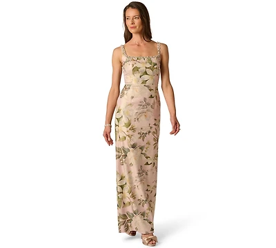 Adrianna Papell Women's Printed Jacquard Bead Square Neck Column Dress