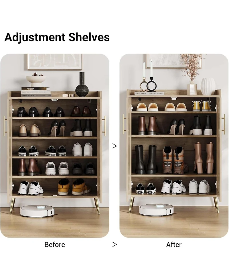 gaomon Rattan Shoe Cabinet, 5-Tier Shoe Storage Cabinet with Doors, Adjustable Shelves and Metal Legs, Beige