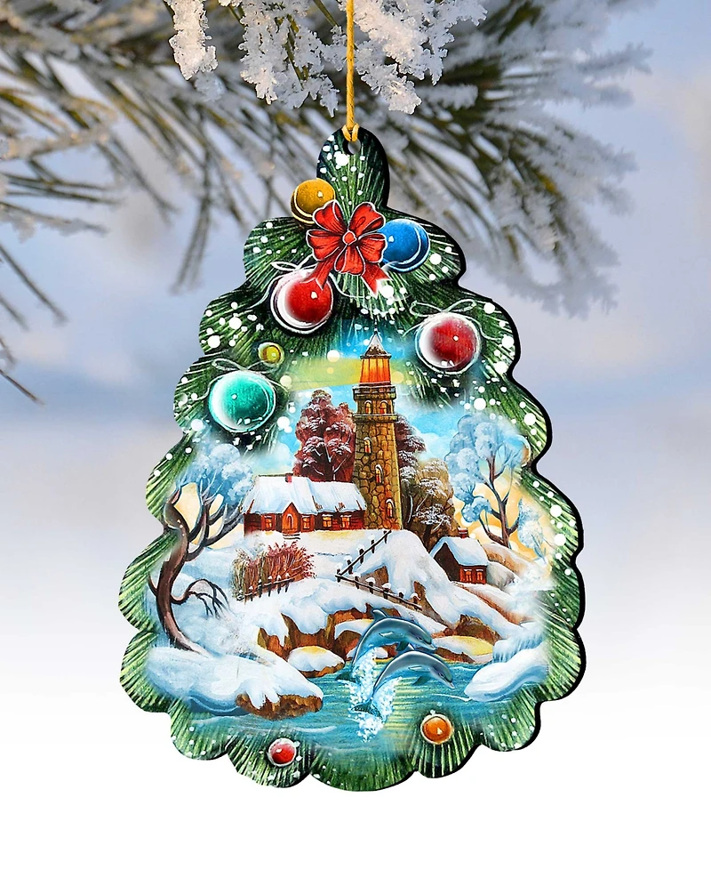 Designocracy Light House Tree Wooden Christmas Ornament Set of 2
