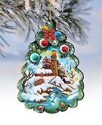 Designocracy Light House Tree Wooden Christmas Ornament Set of 2