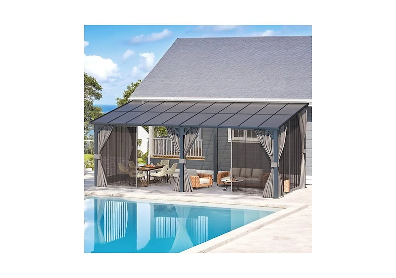 Aecojoy 20'x8' Wall Gazebo with Curtains and Mosquito Netting