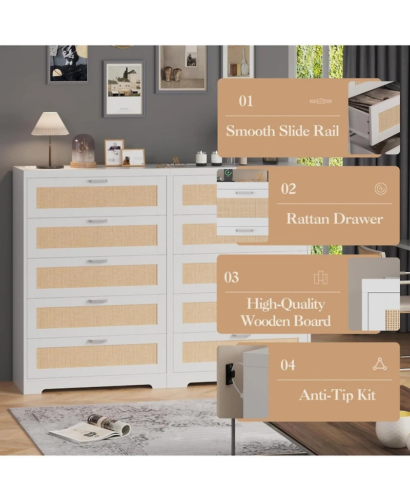 gaomon Rattan 6 Drawer Dresser Natural Wood Deep Storage Metal Handles for Bedroom and Living Room