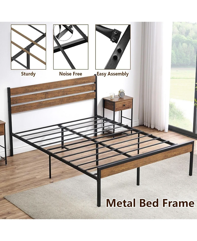 gaomon Full Metal Bed Frame with Rustic Headboard and Wood Slats, Heavy Duty Platform Bed Frame
