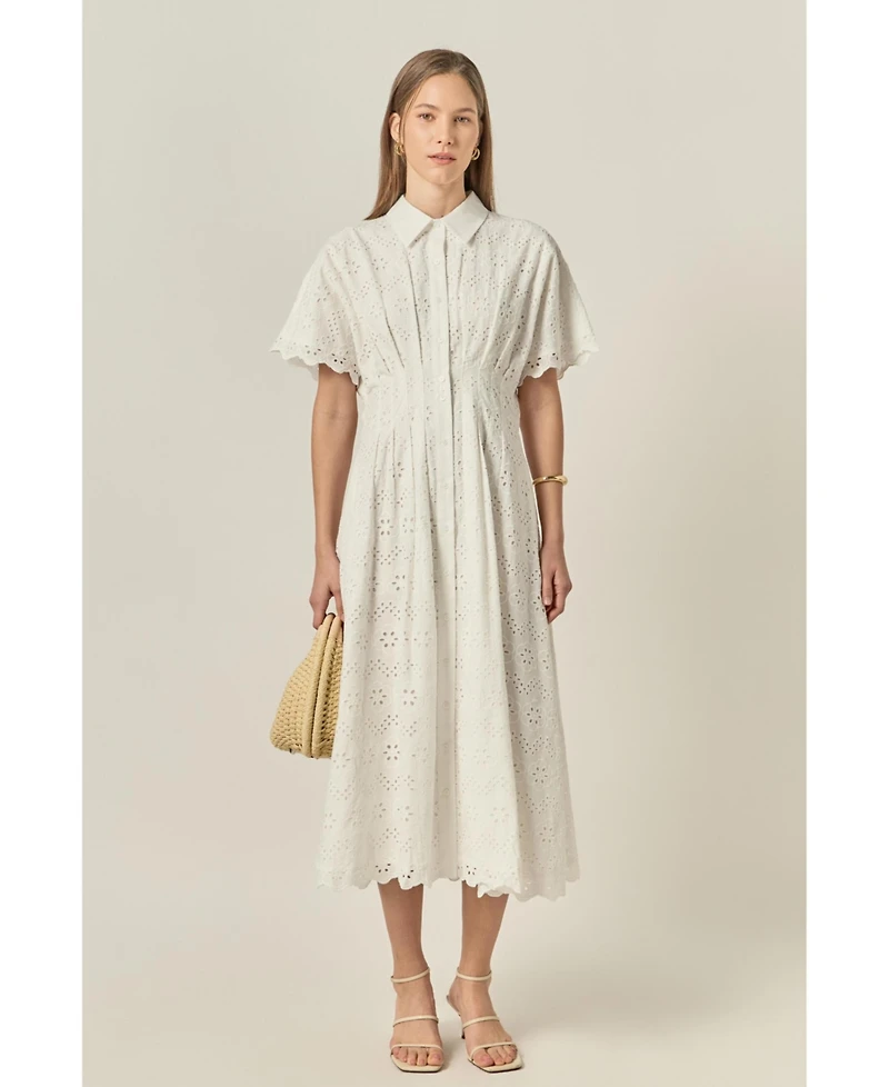 English Factory Women's Cinched Waist eyelet Midi Dress