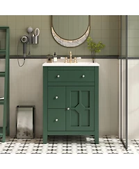 Sillysis 24" Bathroom Vanity with Ceramic Basin, Modern Cabinet with 2 Drawers, Soft-Closing Door & Adjustable Shelf for Small Bathrooms