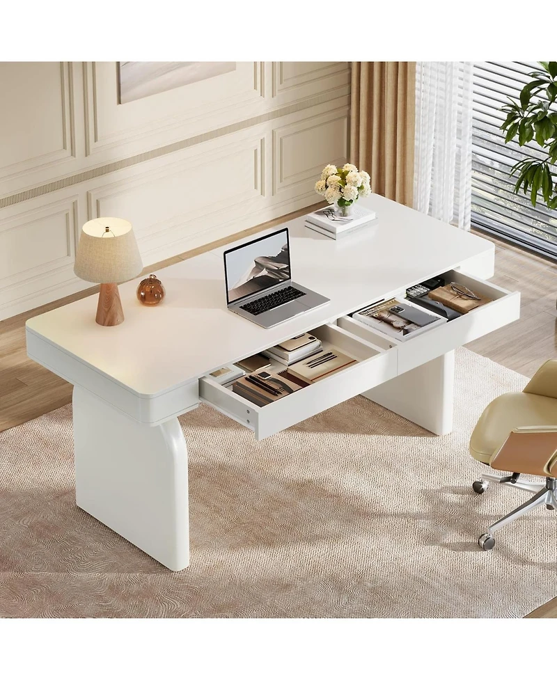 Tribesigns White Desk with Drawers, 63-Inch Modern Executive Office Desk, Glossy Elegant Work Study Desk Writing Table for Home Office