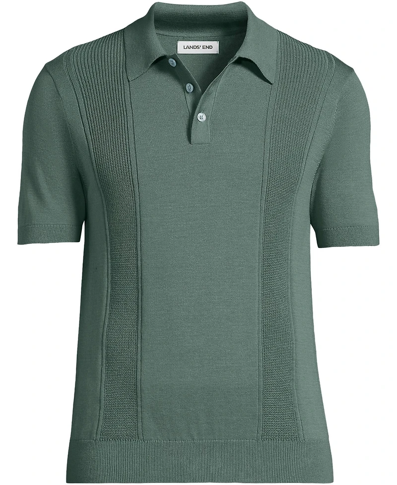 Lands' End Men's Short Sleeve Vertical Rib Button Down Sweater Polo