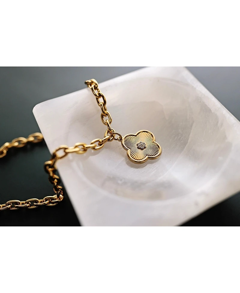 Bowood Lane 25mm Clover Charm with Micro Pave Cz Center On A Gold Plated Oval Chain Necklace
