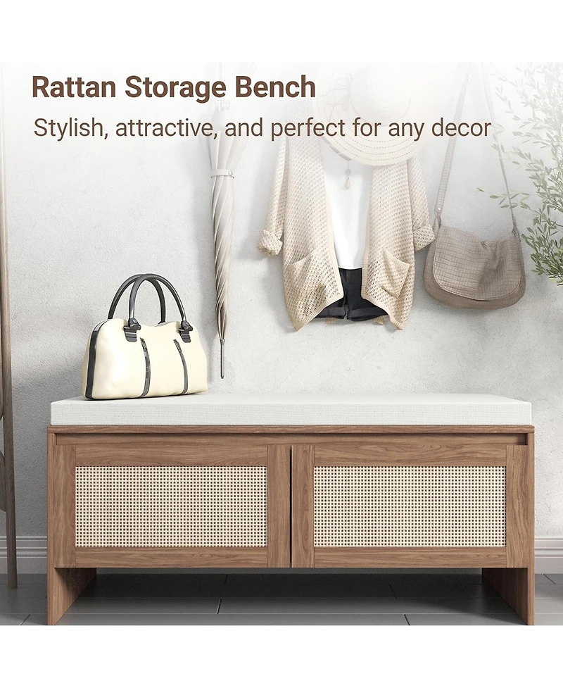 Rainsken Rattan Entryway Bench, Wooden Bench with Storage and Cushion Seating for Bedroom, Hallway