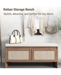 Rainsken Rattan Entryway Bench, Wooden Bench with Storage and Cushion Seating for Bedroom, Hallway