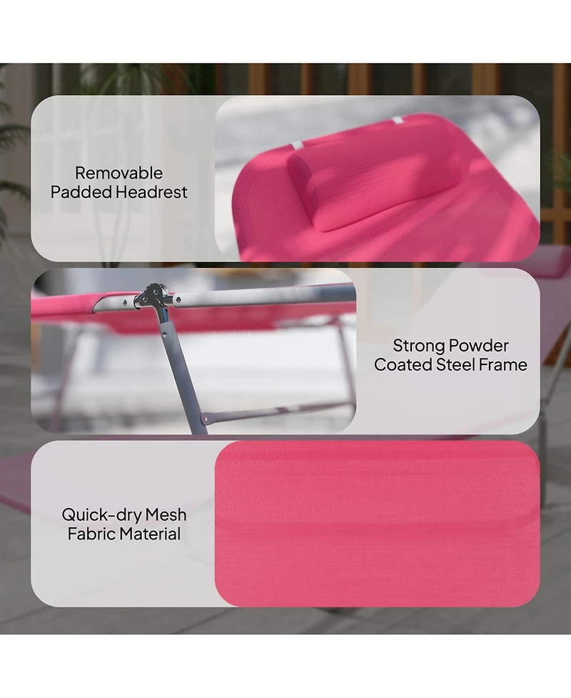 Outsunny Portable Sun Lounger, Lightweight Folding Chaise Lounge Chair w/ Adjustable Backrest & Pillow for Beach, Poolside and Patio, Pink & Sliver