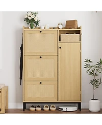 Homfan Shoe Storage Cabinet with 3 Flip Drawers, Rattan Hidden Freestanding Organizer with Adjustable Shelves and Metal Knob for Entryway, Hallway