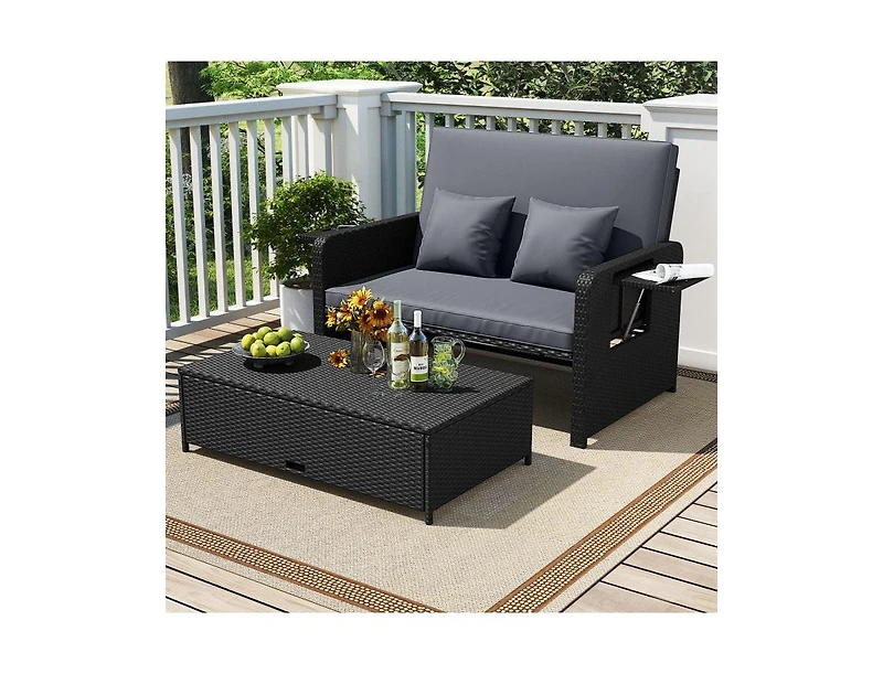 Slickblue Outdoor Wicker Daybed with Adjustable Backrest and Storage Ottoman