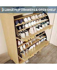 gaomon Fluted Shoe Storage Cabinet for Entryway with 2 Flip Drawers and Adjustable Shelves 48 inch Tall Freestanding Narrow Wood Shoe