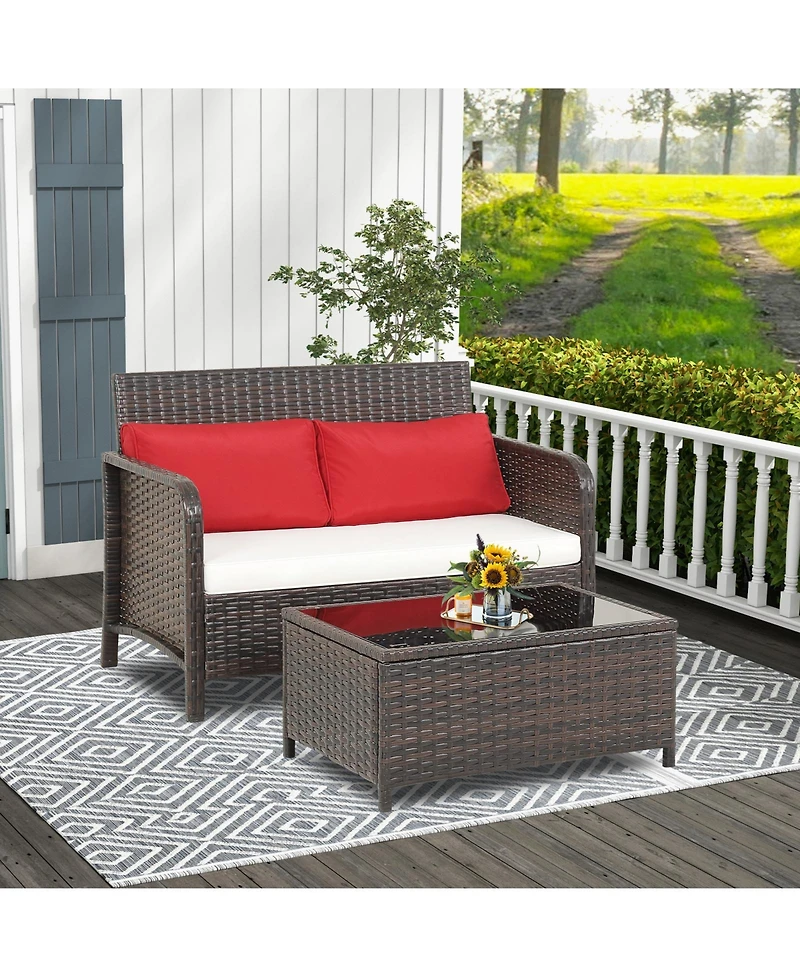 Gymax 2PCS Patio Pe Wicker Rattan Loveseat Sofa Set w/ Coffee Table & Cushions