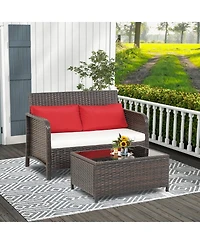 Gymax 2PCS Patio Pe Wicker Rattan Loveseat Sofa Set w/ Coffee Table & Cushions