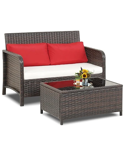 Gymax 2PCS Patio Pe Wicker Rattan Loveseat Sofa Set w/ Coffee Table & Cushions